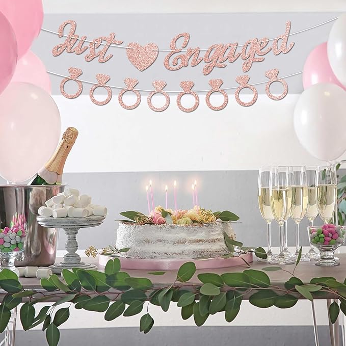 Just Engaged Banner, No DIY, Glitter Rose Gold Engagement Party Decorations and Diamond Ring Banner Sign for Bridal Shower Wedding Shower Bachelorette Party Decorations.