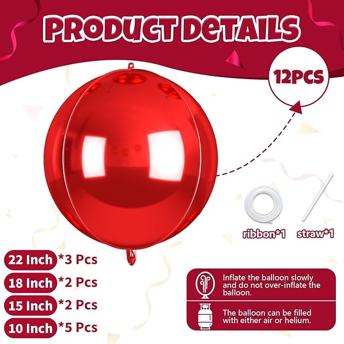 12Pcs Red Round Balloons Foil, 22" 18" 15" 10" 4D Round Ball Balloon, Big Metallic Red Foil Balloons Helium for Valentine Day Graduation Christmas New Year Prom Birthday Party Decorations Supplies