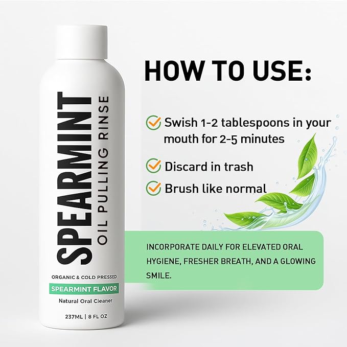 Spearmint Oil Pulling Rinse – with Organic Cold-Pressed Coconut Oil ＆ Mentha Haplocalyx Oil, Natural Mouthwash for Fresh Breath, Healthy Gums & Teeth Whitening, 8 fl oz (1)