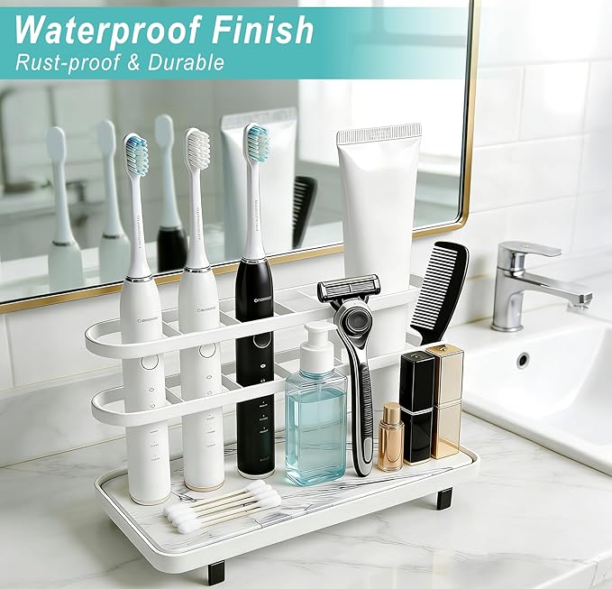 Electric Toothbrush Holders for Bathrooms, Bathroom Counter Organizer with Quick Dry Diatomaceous Earth Mat, 5 Slots Toothbrush and Toothpaste Holder White, for Bathroom Sink Organizer Countertop