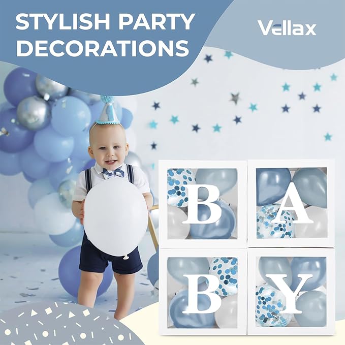 Baby Shower Boxes with Letters – White Boxes with White, Dusty Blue, Light Blue and Confetti Balloons – 44-Piece Gender Reveal & Party Decoration Set by Vellax