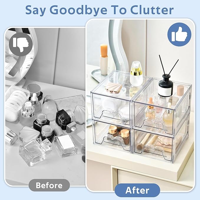 Plastic Drawers Storage, 4 Pack Clear Stackable Storage Drawers, Acrylic Storage Bins with Drawers for Fridge Organizers, Small PlasticDrawers Stackable for Makeup Organizers Cosmetic Display