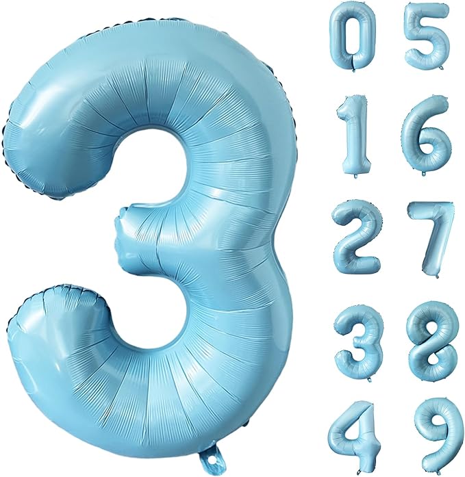 40 Inch Matte Blue 3 Number Balloons Light Blue Number 3 Foil Balloon Mylar Helium Balloon for Birthday Party Decoration Wedding Anniversary Supplies (Number 3)