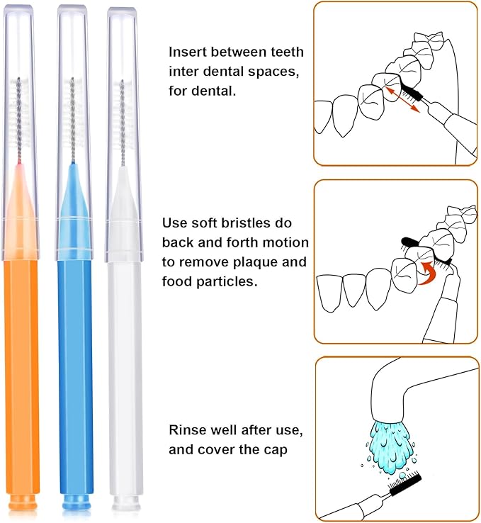 Patelai 100 Pieces Braces Brush for Cleaner Interdental Brush Toothpick Dental Tooth Flossing Head Oral Dental Hygiene Flosser Toothpick Cleaners Tooth Cleaning Tool(White, Orange, Blue,Proper Size)