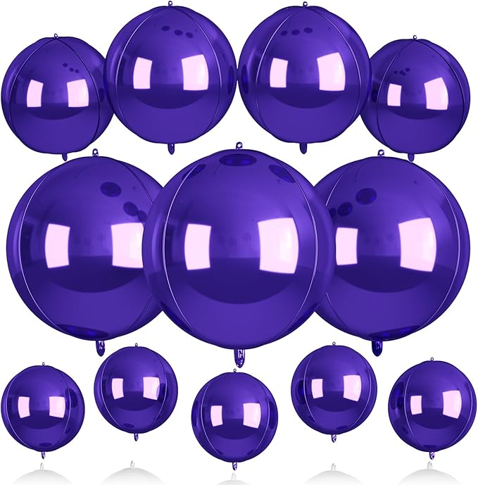 12Pcs Purple Round Balloons Foil, 22" 18" 15" 10" 4D Sphere Shaped Balloon Different Size, Large Metallic Purple Balloons for Wedding Prom Graduation Baby Shower Birthday Party Decorations Backdrop