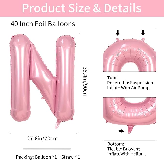 Biapian 40 Inch Giant Pink N Balloon, Single Alphabet N Foil, Light Pink Name Letters for Girls Women Birthday Party Decoration Baby Shower Anniversary Supplies
