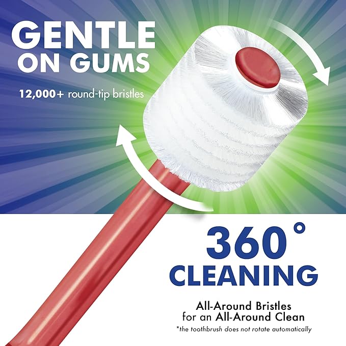 Brilliant Oral Care Adult Toothbrush with Soft Bristles, Round Head, and All-Around Clean for Teeth and Gums, Red + Clear, 2 Pack