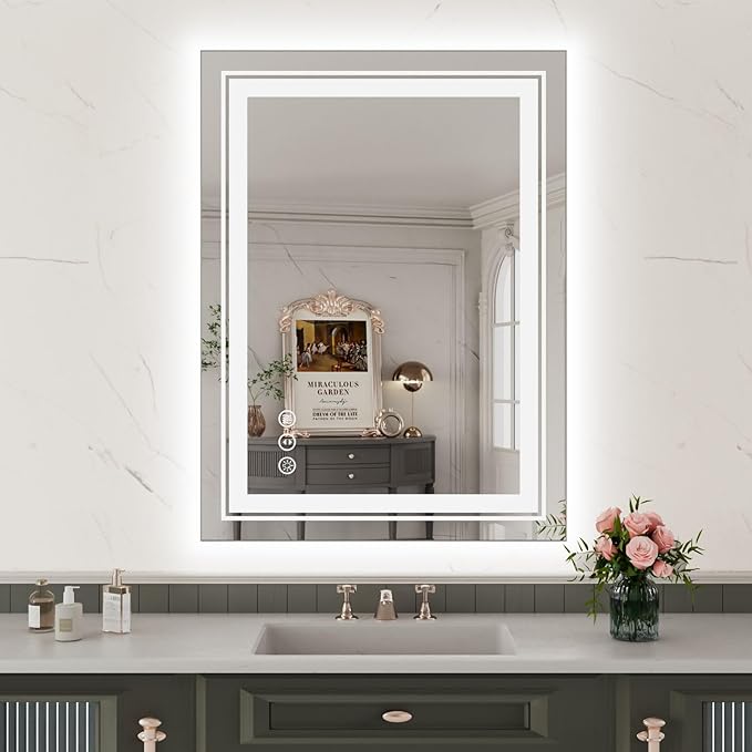 WTTY LED Bathroom Mirror, 24 x 32 with Backlit and Front Light,Stepless Dimmable LED Mirror for Bathroom,Anti-Fog Lighted Bathroom Vanity Mirror Modern for Wall,Memory Function,Shatter-Proof
