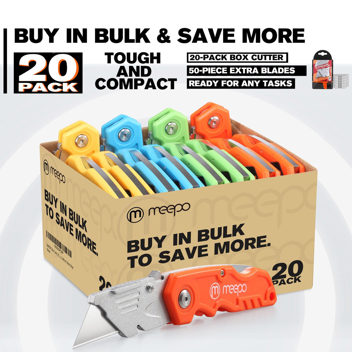 M MEEPO Box Cutter, 20-Pack Tough Folding Box Cutter Bulk for Heavy Duty Purpose, Razor Sharp Utility Knife Bulk, with Extra 50-Piece Blades, Can cut Drywall, Sheet Plastic, Linoleum, Boxes, Rope