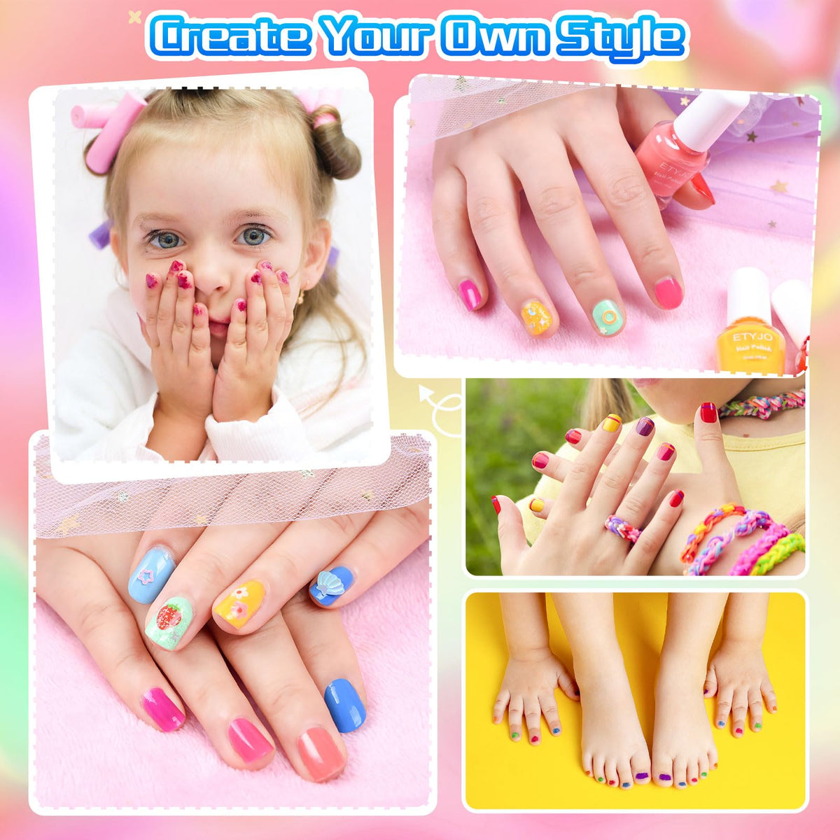 ETYJO Kids Nail Polish Non-Toxic Nail Polish Set for Girls 10 rainbow Colors Water Based Peel Off Quick Dry Nail Polish Kit for Age 3+ Toddler Teen Birthday Gift
