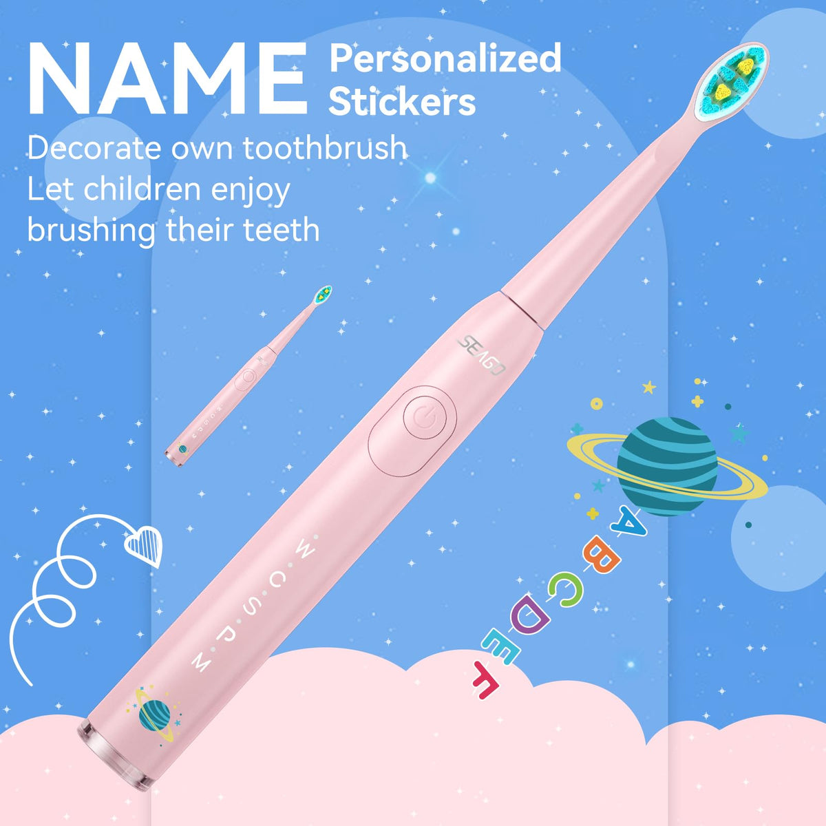 SEAGO Kids Electric Toothbrush, Sonic Soft Bristle Rechargeable Toothbrushes with DIY Stickers, 5 Modes, Includes 4 Replacement Brush Heads, Ages 3 to 12 Years Old (Navy)