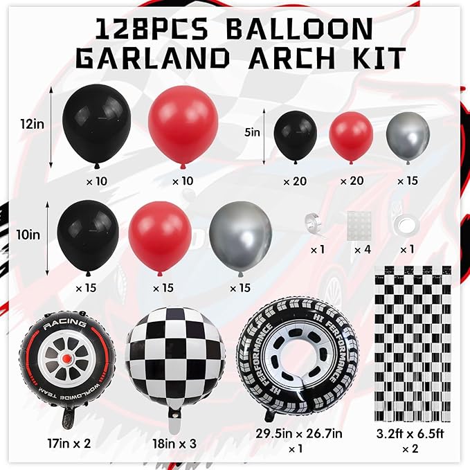 128pcs Race Car Balloon Garland Arch Kit, with 29 in Foil Tire Balloon and Black White Checkered Foil Fringe Backdrop for Race Car Two Fast Baby Shower Birthday Party Decorations