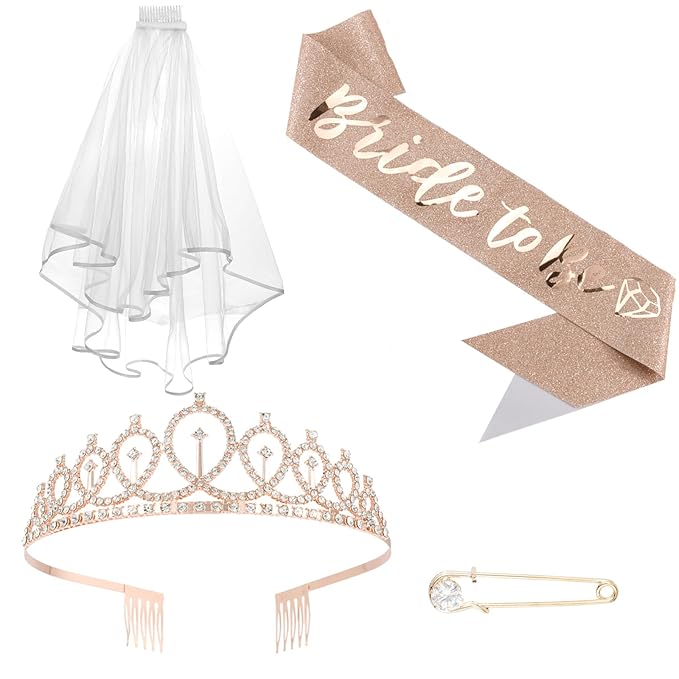 CIEHER Crystal Crown + Bride to Be Sash + Bridal Veil Set, Bachelorette Party Decorations - Rose Gold