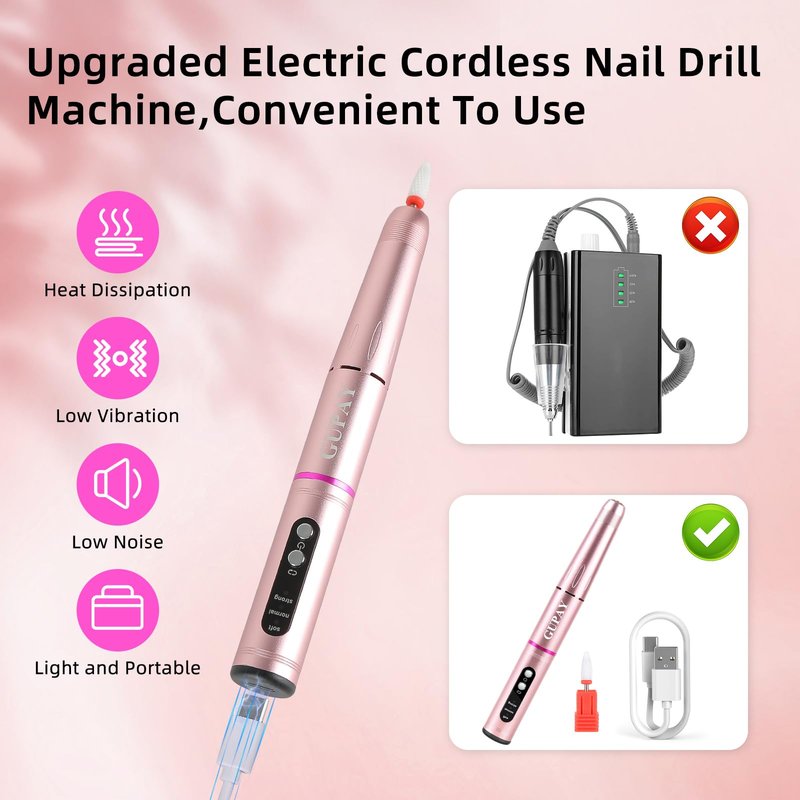 GUPAY Cordless Nail Drill Kit - 20000RPM Rechargeable Electric Manicure File for Gel Acrylic Natural Nails Portable Efile Tool Women Beginners Home Use Salon Spa Essentials (Purple)