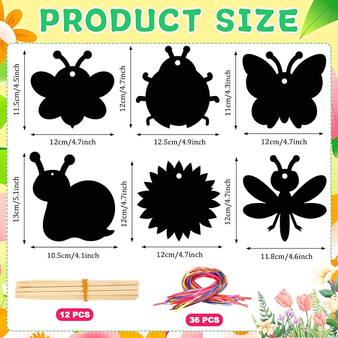 JULMELON 36 Pcs Spring Bugs Scratch Cards, Flower Rainbow Magic Color Art Crafts Kit with 12 Bamboo Stylus and 36 Ribbon for Kids School Classroom DIY Spring Crafts Art Project