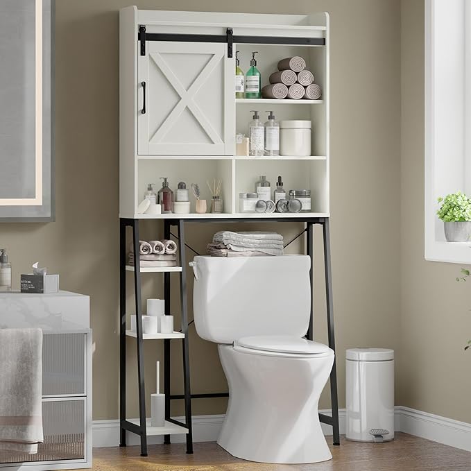 Vabches Over The Toilet Storage Cabinet, Farmhouse Storage Cabinet Over Toilet with Sliding Door & Toilet Paper Holder Stand, Home Space-Saving Toilet Rack for Bathroom, Restroom