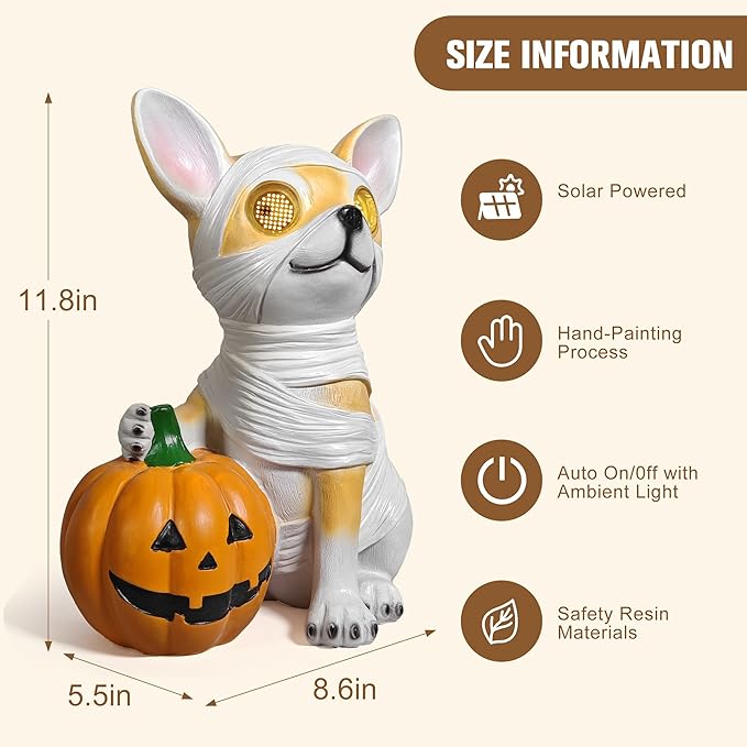 Halloween Decorations, Halloween Dog Statue Holding Pumpkin, with 360°Rotating Glowing Eyes and Solar Power,Outdoor Dog Statue for Front Door Porch, Yard, Lawn, Garden &Spooky Gifts