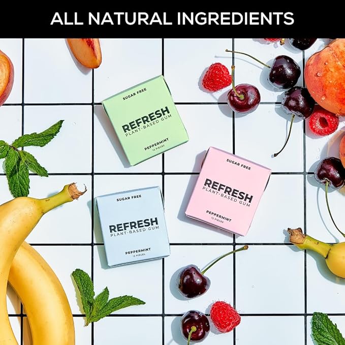 Refresh Gum, Xylitol, Natural, Sugar Free, Chewing Gum, Plastic Free, Natural Flavors & Organic Ingredients, Non GMO, Gluten Free, Vegan, 12 Count (Pack of 5), Variety Pack