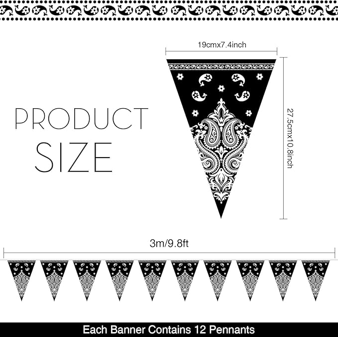 Boao 5 Pack Western Cowboy Party Decorations Bandana Pennant Banner Wild West Decor Western Cowboy Themed Yee Haw Country Party Decoration Supplies 9.8 x 5 ft(Black Paisley)