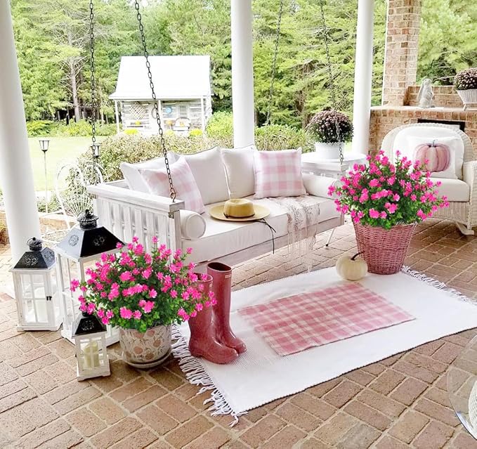 RECUTMS Artificial Flowers Outdoor Artificial Fake Flowers Fake Greenery Fake Plants Faux Outdoor Plastic Plants UV Resistant Shrubs Boxwood Plant Eucalyptus Hanging Basket Home Garden Decor (Pink)