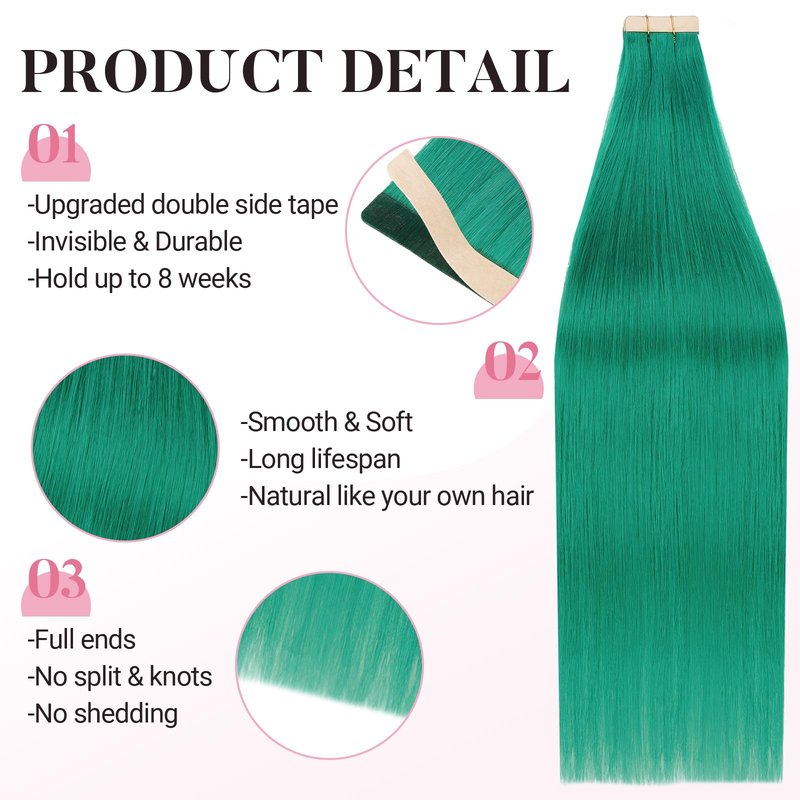 MAXITA Tape in Hair Extensions Human Hair Green Tape in Extensions 20 Inch 10pcs 30g Remy Invisible Silky Straight Colored Soft Real Human Hair