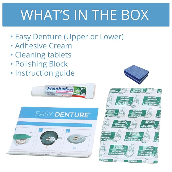 Boil-&-Bite Functional Denture, Self-fit at Home in Mins, Adjusts for Narrow or Wide Arches, Long-term or temporary Solution, Eat, Drink and Smile Confidently, Med/Large Denture, Lower