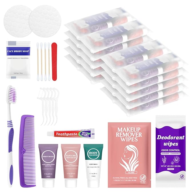 Travel Toiletries Personal Cleaning Bulk,Disposable Hygiene Kit Care Package Supplies, Women Toiletry Essentials Set Individually Wrapped for Camping, Hotel, Vacation, Homeless, Charity (11-in-1, 5)