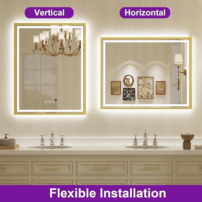 24X36 Inch Led Bathroom Mirror,Frontlit & Backlit Lighted Mirror,Gold Metal Frame Vanity Mirror for Wall,Double Lights Strips,Anti Fog Stepless 3 Colors Temperature & Dimmable