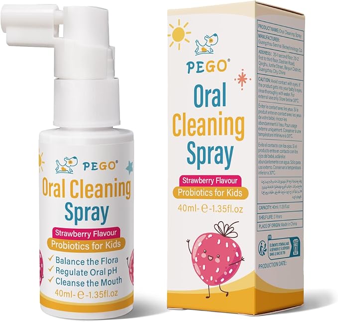 PEGO Kids Oral Spray-Toddler Toothpaste Helper for Fresh Breath, Fruit-Flavored, Probiotic Mouth Spray,Fluoride Free for Newborn to 12 Years (40ml*1, Strawberry)