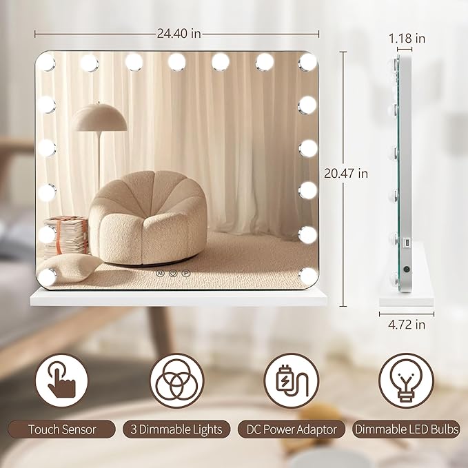 Hollywood Vanity Mirror with Lights, 17 Dimmable LED Bulbs 3 Color Lighted Makeup Mirror with Detachable 10X Magnification Mirror, Tabletop or Wall-Mounted, Touch Control