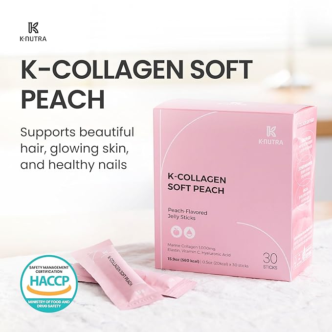 K-Nutra K-Collagen Soft Peach (15.9oz, 30 Sticks) - Holiday Gifts - Skin, Hair, Nail Health, Tasty Jelly, Fast Absorption. Low-Molecular Marine Collagen, Vitamin C