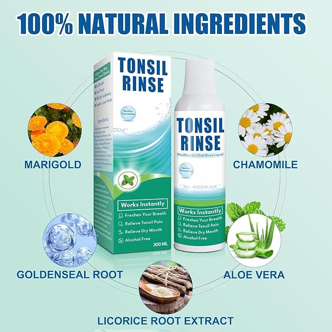 Tonsil Rinse-Tonsil Stone Remover Mouthwash，Natural Mouthwash Soothe Tonsils，Fight Bad Breath，Relieve Dry Mouth-Alcohol-Free，Breath Freshening，Mint Flavor-10 FL OZ