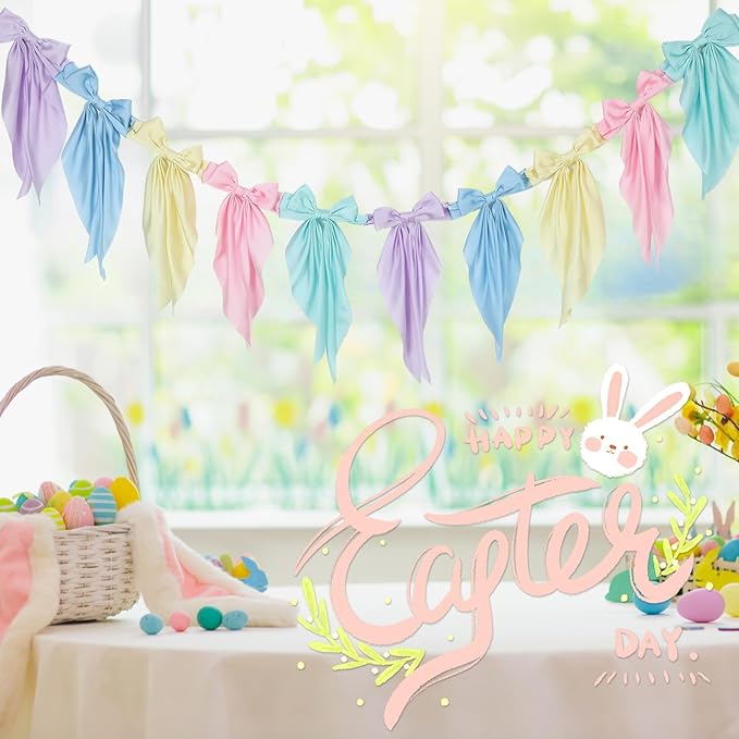 VitalCozy 1 Pcs Easter Pastel Bow Garland Banner - Silk Satin Ribbon Hanging Party Bow Garland Decoration for Easter Birthday Baby Shower Wedding Party Supplies