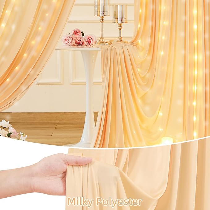 10 x 10ft Dark Champagne Backdrop Curtains with Lights String for Wedding Polyester Photo Backdrop Drapes Wrinkle Free Long Curtains Back Drop for Birthday Parties Reception Baby Shower Ceremony Event