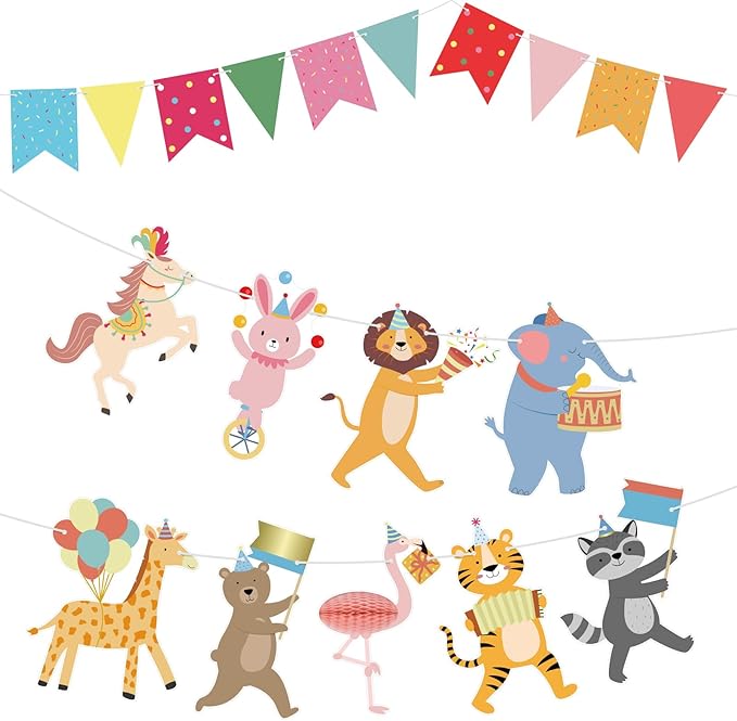 Hooqict Animal Party Banner with Colorful Pennant Banner Flag Animal Parade Birthday Decorations Happy Birthday Garland for Kids Girls Boys Zoo Carnival Circus Party Decorations Supplies