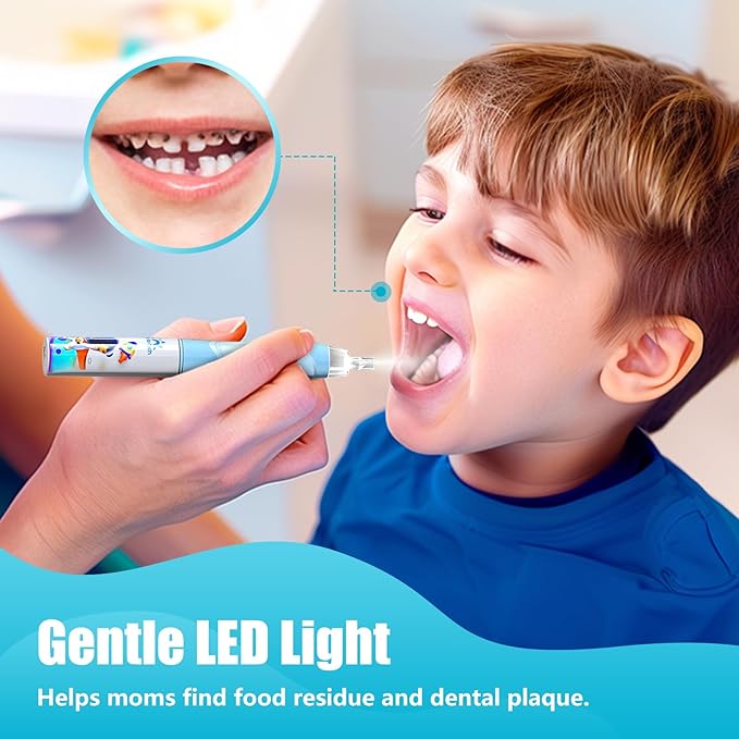 Kids Electric Toothbrush Toddler Toothbrush Age 2-4-8-12 Electric Toothbrush Kids with Timer Rainbow LED Light Up Vibrating Toothbrush Battery Operated Childrens Sonic Tooth Brush (Astronauts Blue)