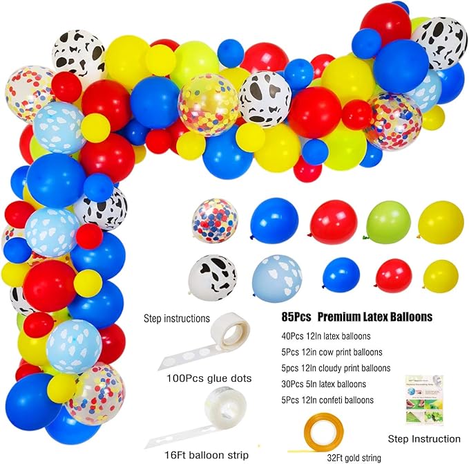 Red Yellow Blue Balloon Arch & Garland Kit with12" 5" Cloud Cow Print Balloons Fruit Green Latex Balloons Confetti Balloon Set for Baby Shower Kids Birthday Party Decorations