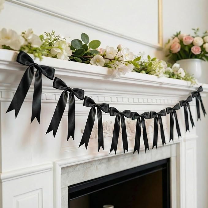 2 Strings Black Bow Garland Banner Decorations, 16Pcs Pre-Strung Satin Ribbon with 6.7ft Chain for Women Ribbon Bow Banner Coquette Room 30th Birthday Bridal Shower Wedding Bachelorette Party Decor