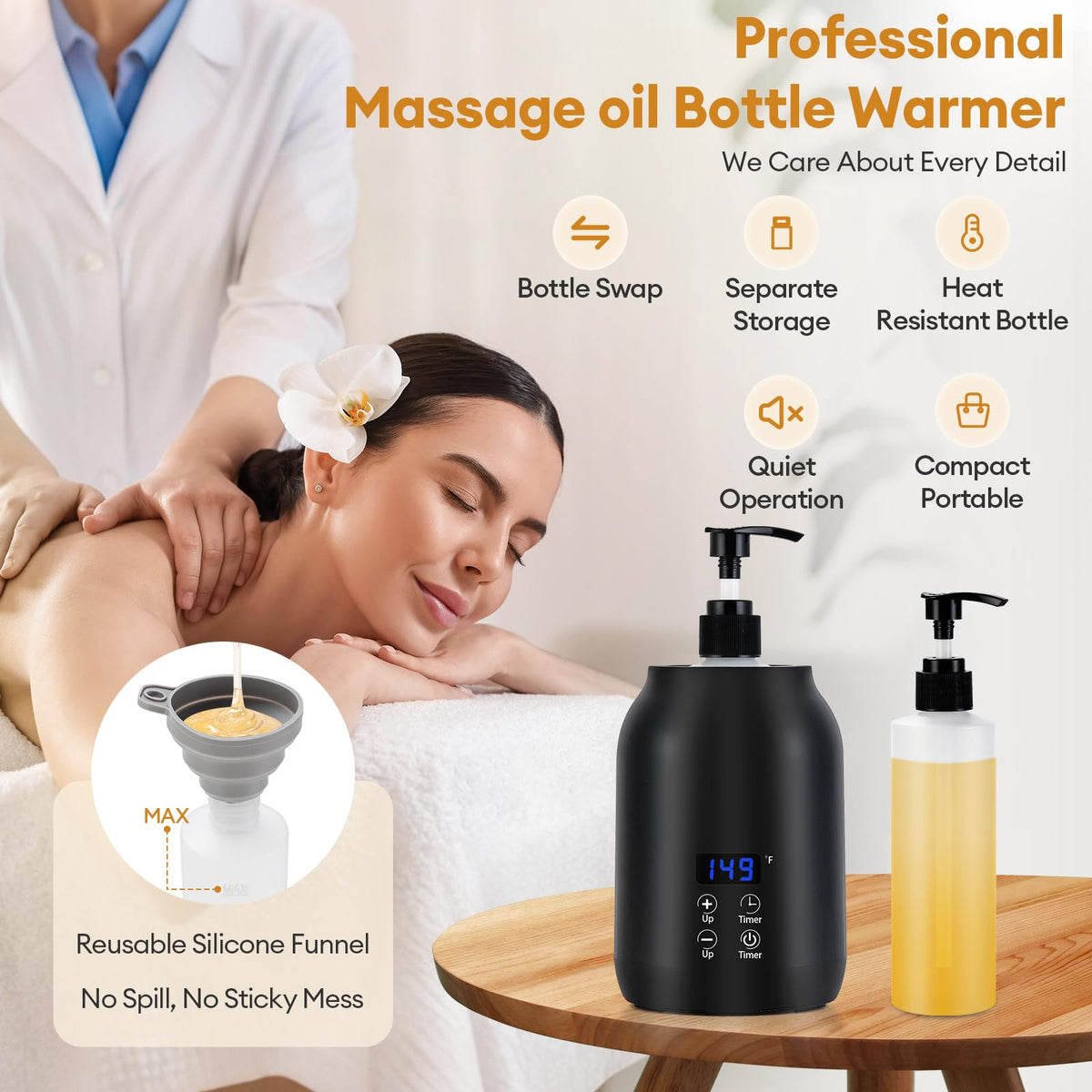 Massage Oil Warmer Heater with Dual 8.5oz Massage Oil Bottles & Funnel