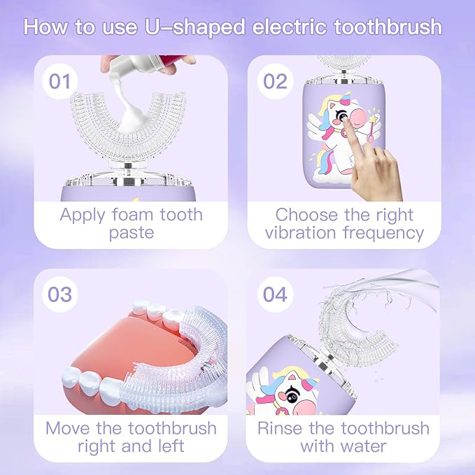 Kids Electric U Shaped Toothbrush Unicorn Rechargeable Sonic Toothbrush with 4 Soft Brush Heads with Kid Toothpaste IPX7 Waterproof - (Age 2-15, Purple)