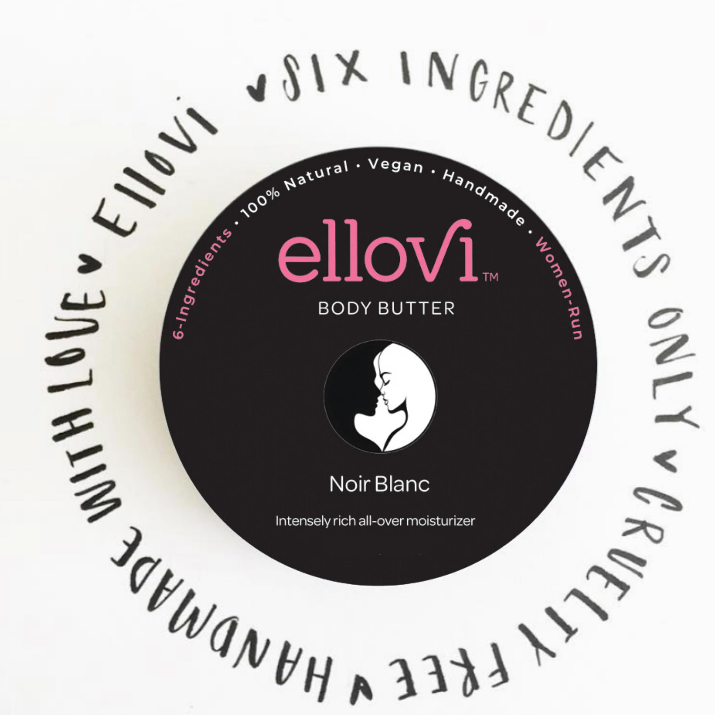Ellovi All-Natural Unisex Body Butter - Noir Blanc - Pure Enough to Eat - Made With Just 6 Vegan Ingredients - 100% Plant-Based Hydrating Moisturizer For Naturally Healthy Skin (3.4 fl. oz/100ml)