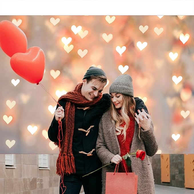 Romantic Happy Anniversary Backdrop Banner Gold Heart Light Decorations for Couples Date Night Wedding Engagement Birthday Party Photo Booth Background 8x6ft (96×72inch