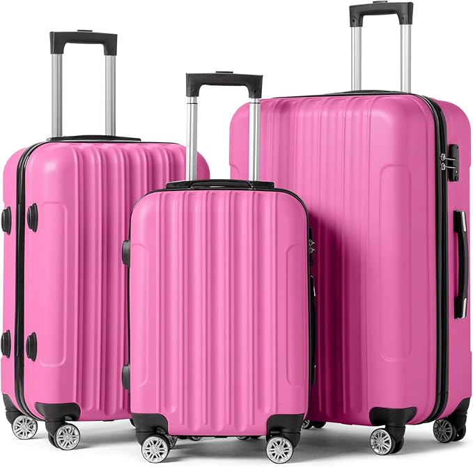Karl home Luggage Set of 3 Hardside Carry on Suitcase Sets with Spinner Wheels & TSA lock, Portable Lightweight ABS Luggages for Travel, Business - Pink (20/24/28)
