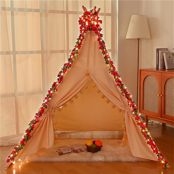 MARTINE MALL Flower Garland Vines, 5 Strands 41Ft With 33 Ft/100 LED String Lights - Rose Decoration for Bedroom, Room, Table, Wedding Decor