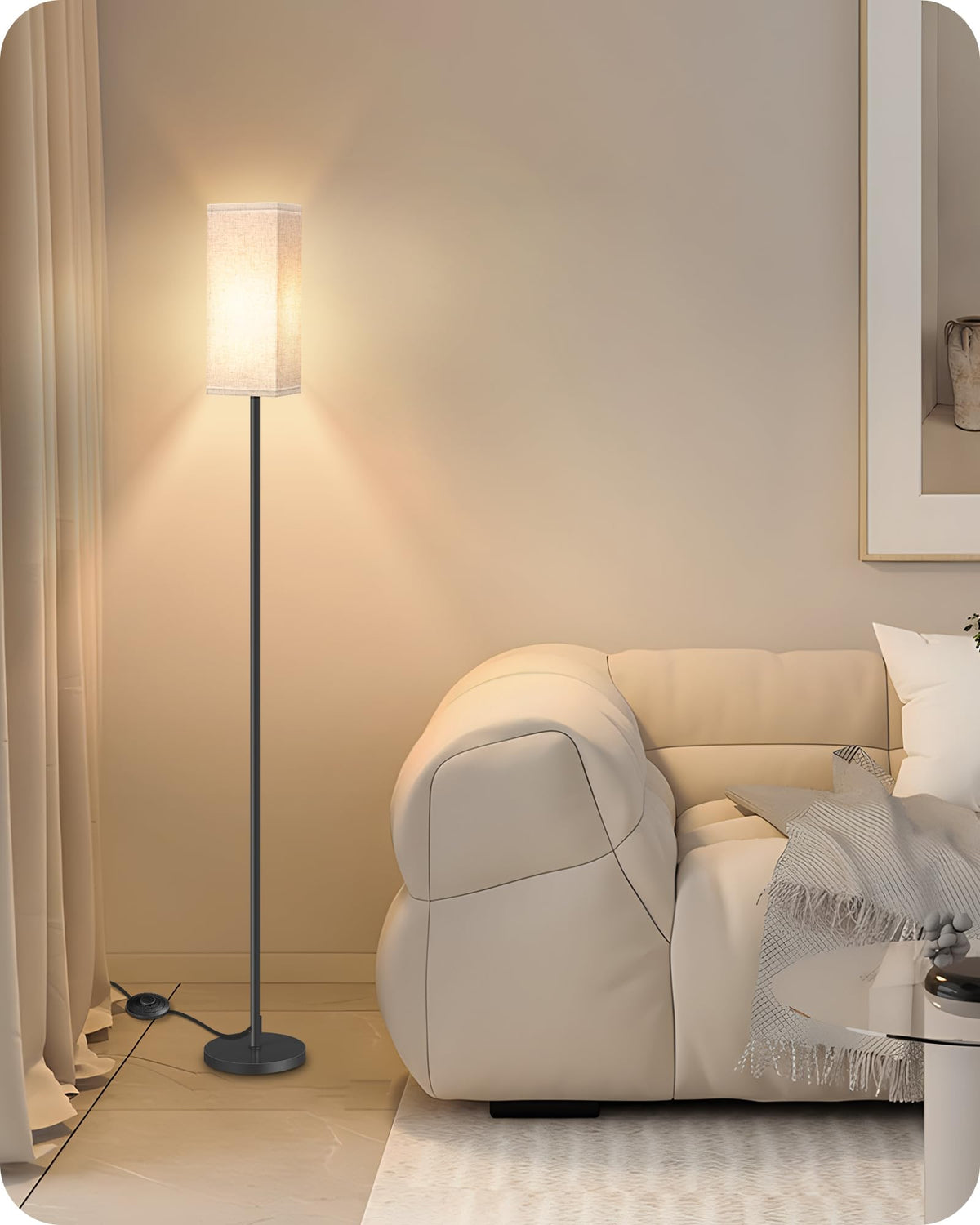 GOEBLESON 64.6" Floor Lamp, Pole with Foot Switch, Modern Standing Lamp Lampshade, Minimalist Freestanding Lamp (Bulb Not Included), for Living Room, Bedroom Office ETL Listed, Black and Beige E07LD05