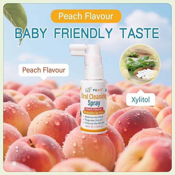 PEGO Kids Oral Spray, Toddler Toothpaste Helper for Cavity Prevention and Fresh Breath, Children Anticavity with Fluoride Free for Newborn to Preschoolers, Kid's Mouth Spray (40ml*2, Peach)