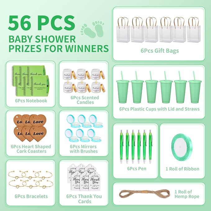 56Pcs Baby Shower Prizes for Game Winners Baby Shower Favors Gifts including Plastic Tumbler Notebook Scented Candles Ballpoint Pen Mirrors with Hair Brushes Bracelet Gift Bag (Green)