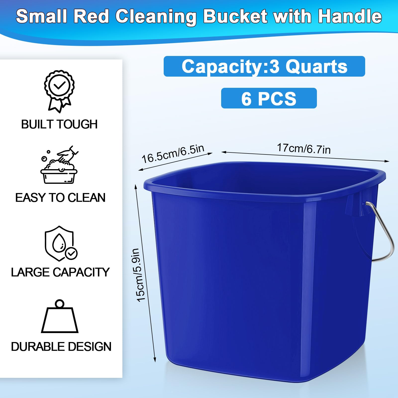 Zhehao 6 Pcs 3 Quart Bucket for Cleaning Small Sanitizer Bucket for Restaurant Square Plastic Pail with Handles for Home, Offices, Commercial Use, Food Service(Dark Blue)