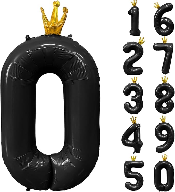 Black Number 0 Balloon with Crown, 40 inch Black Number Balloon 0th Birthday Party Decoration Black Crown Balloons 0-9 for Birthday Party Anniversary Decorations Supplies