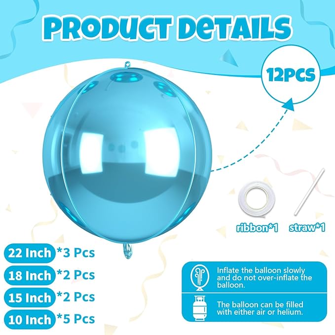 12Pcs Light Blue Round Balloons Foil, 22" 18" 15" 10" 4D Sphere Ball Balloon, Big Metallic Blue Balloons for Graduation Wedding Baby Shower Bridal Shower Birthday Party Decorations Supplies